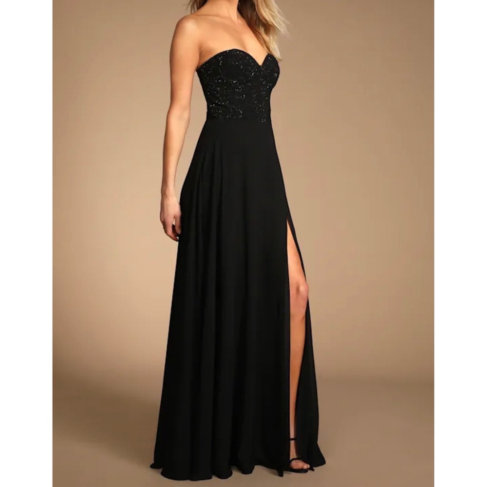 Lulus Remember this Moment Black Rhinestone Strapless Sweetheart Maxi Dress sz L - Picture 2 of 13